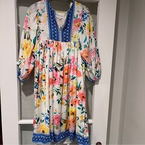 Islapayal Cotton Midi Watercolor Floral Pastel V Neck Puff Sleeve Dress Sz XS